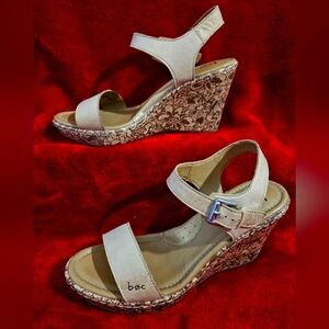BOC Women Leather Platform Wedge Heel Sandal-Size 7M, Color-Stone/Beige